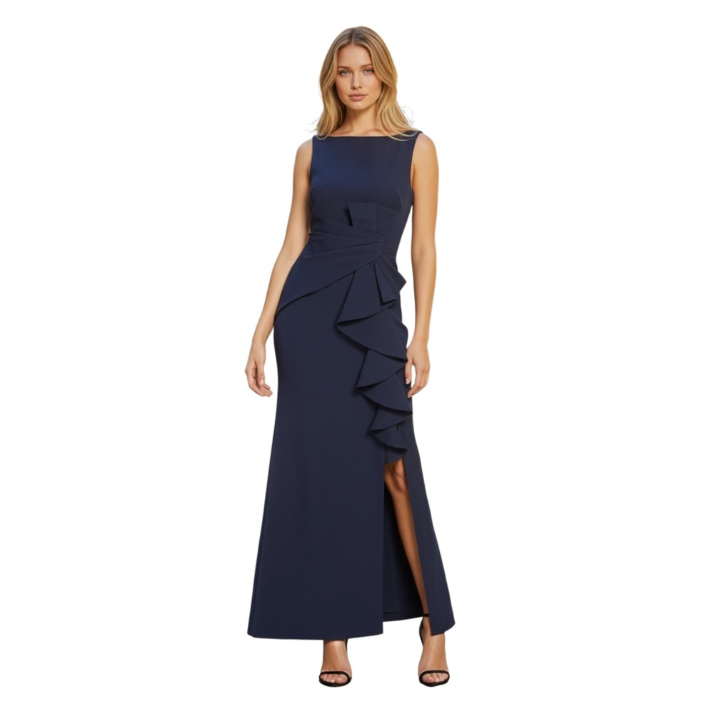 Eliza J Ruffle Front Gown Sleeveless, Lined, Bridesmaid, Navy Blue, Size 4